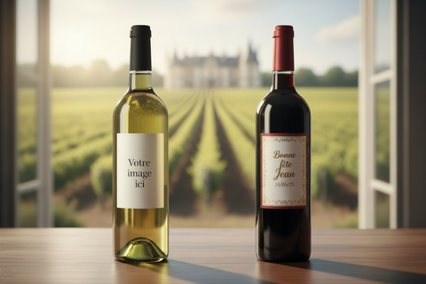Enlève la main. Il faut que les bouteilles soit plus espacés. La bouteilles de gauche est une bouteille de vin rouge et celle de droite une bouteille de vin blanc. Les etiquettes sont rectangulaires 